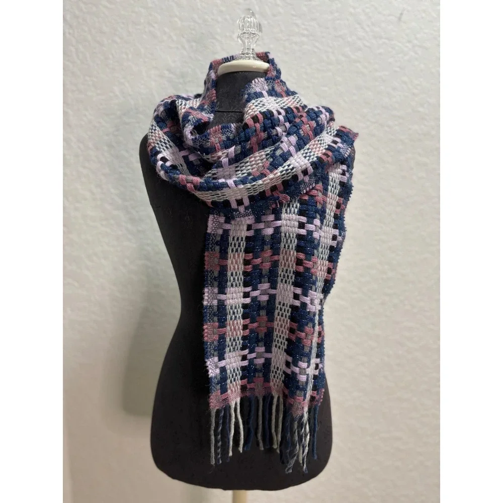 Italian Lambswool Acrylic Blend Plaid‎ Fringe Scarf Blue Pink Gray Sparkle